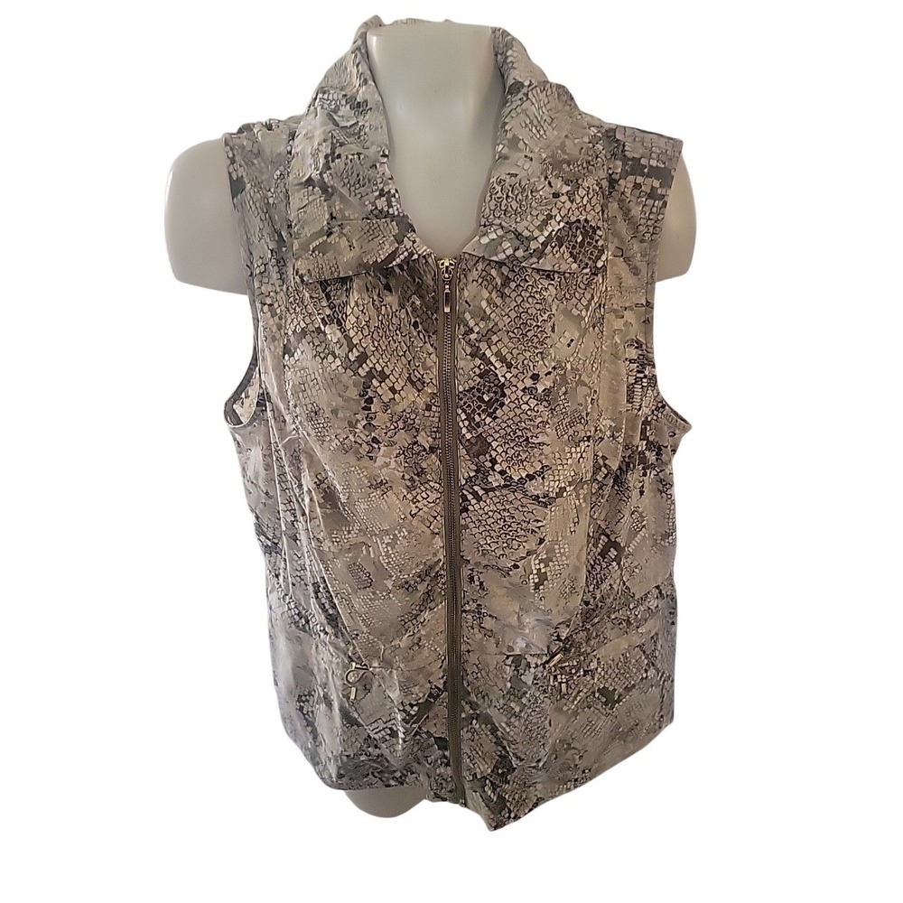 CHICO'S Faux fur Zip Front Sleeveless Vest Pockets Neutral Tones XL bohemian